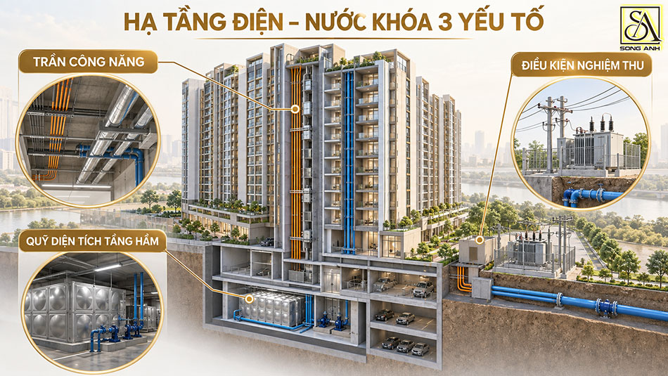 Hạ tầng cấp điện cấp nước công trình quyết định công năng diện tích tầng hầm và nghiệm thu